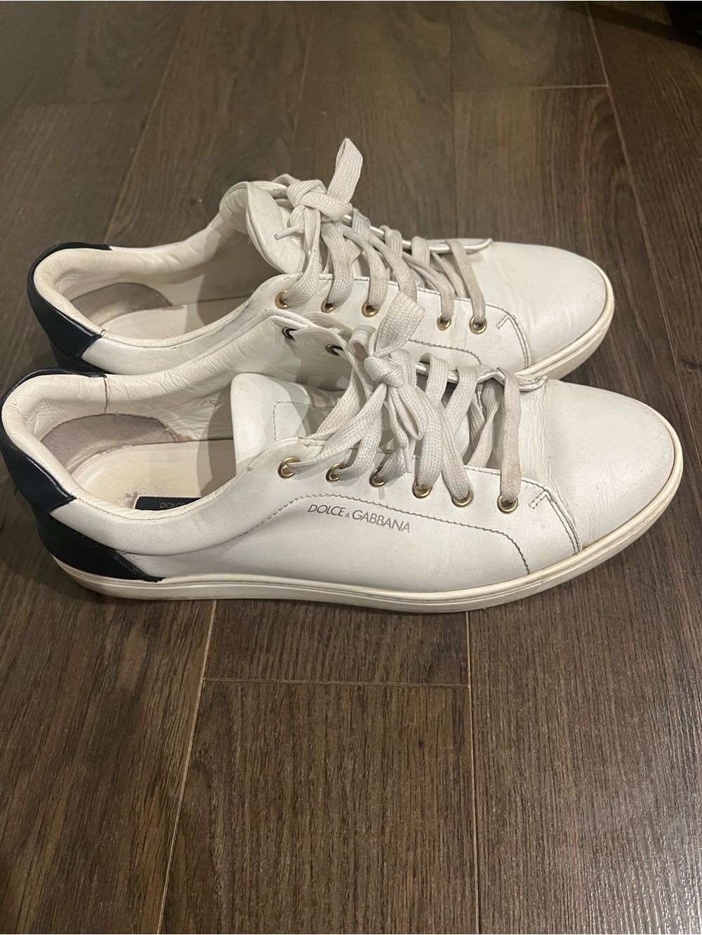 Dolce & Gabbana White Leather Sneakers with Gold Eyelets